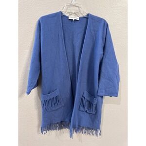 Laurence Tavernier Wool Cardigan Fringe Pockets Open Front Blue TU‎